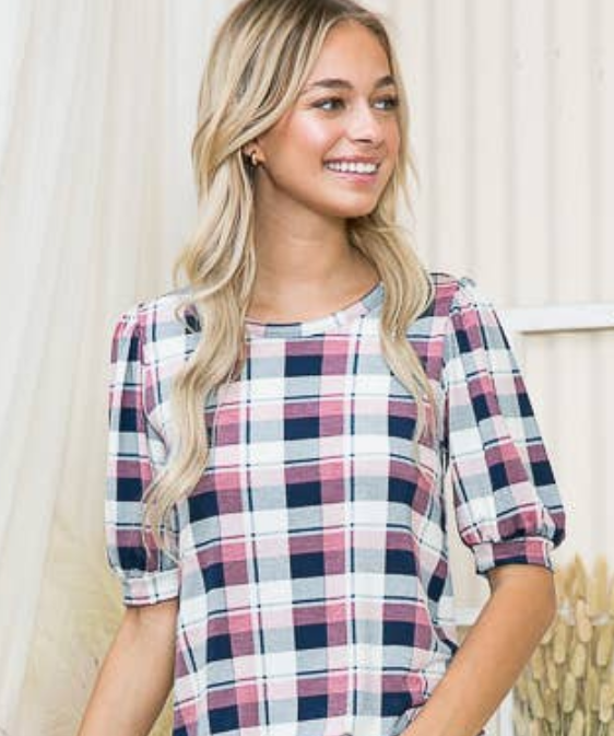 Plaid Modest Blouse Pink Combo