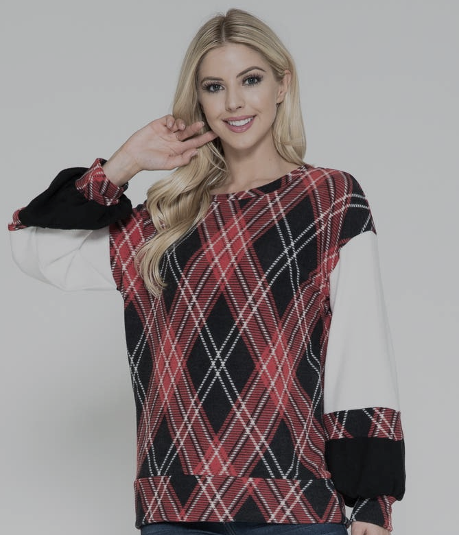 PLUS Argyle Bubble Sleeve Fleece Top