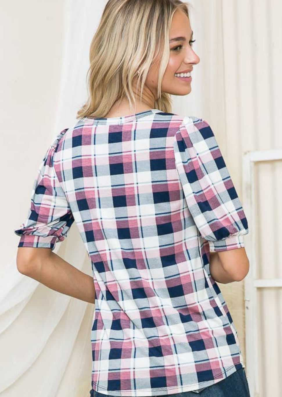 Plaid Modest Blouse Pink Combo