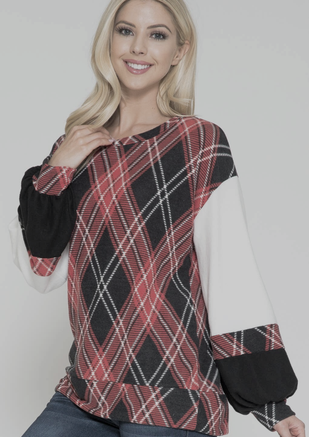 PLUS Argyle Bubble Sleeve Fleece Top