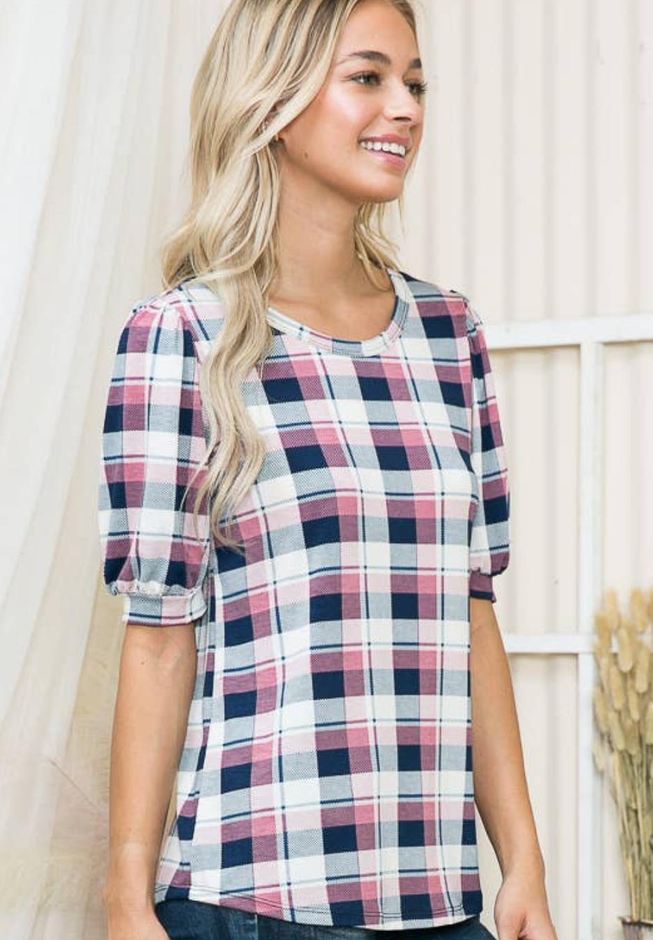 Plaid Modest Blouse Pink Combo