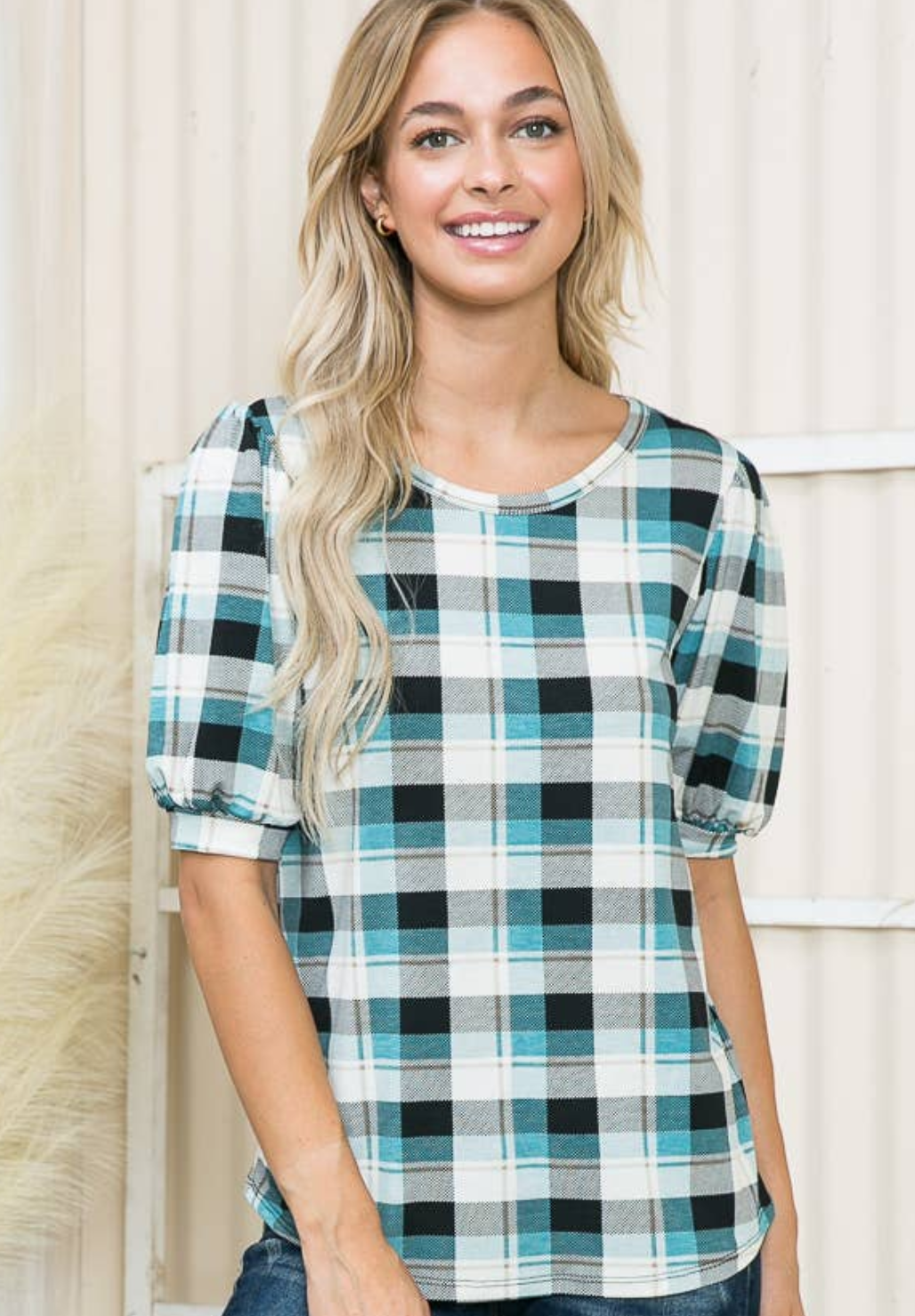 Plaid Modest Blouse Teal Combo