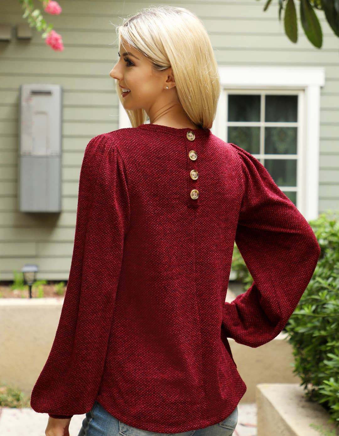 Button Back Puff Sleeves Jacquard Knit Top