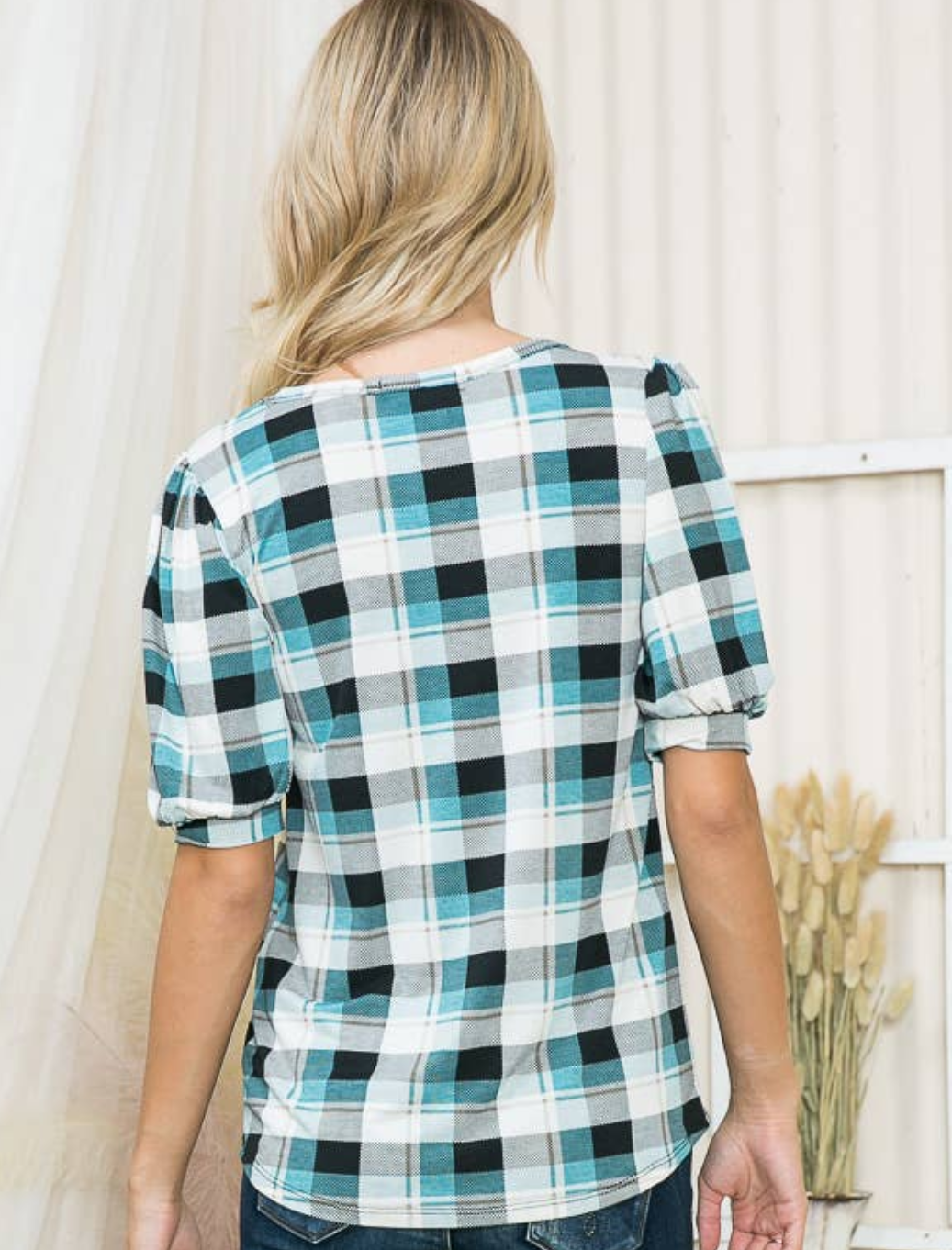 Plaid Modest Blouse Teal Combo