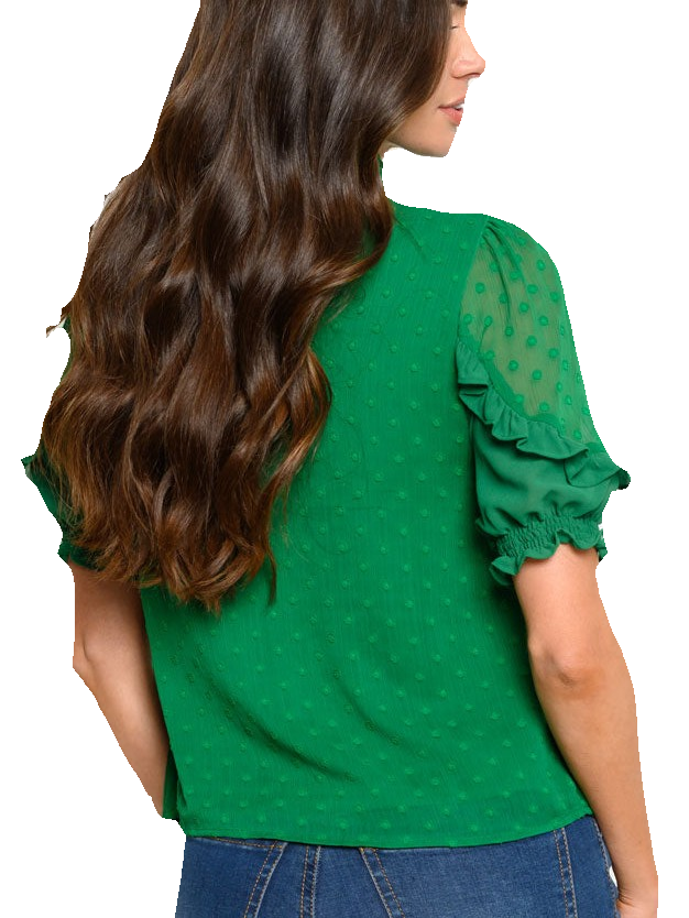 Short Sleeves Swiss Dot Mock Neck Top Green