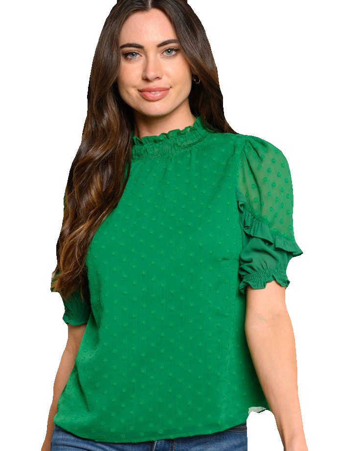 Short Sleeves Swiss Dot Mock Neck Top Green