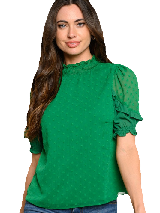 Short Sleeves Swiss Dot Mock Neck Top Green