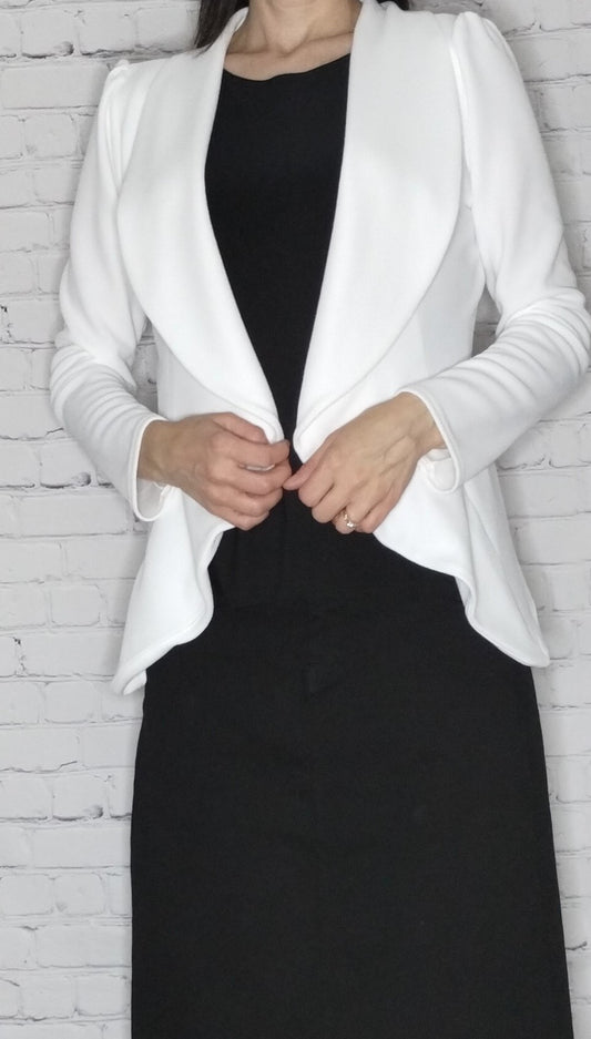 Solid Open Blazer Career Jacket - Ivory White Polyester Spandex