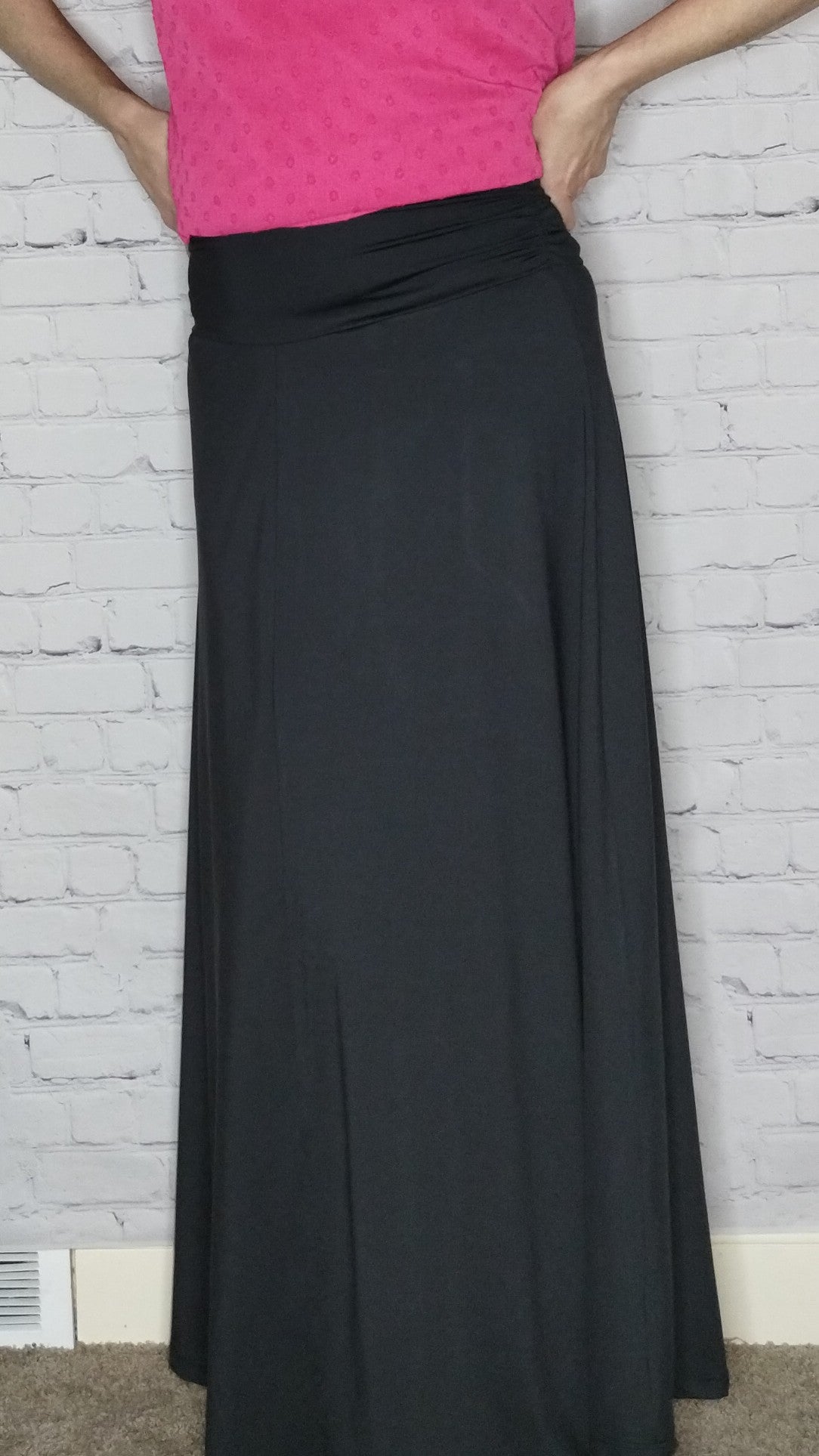 women's maxi stretch long black skirt ruched waistband non-wrinkle