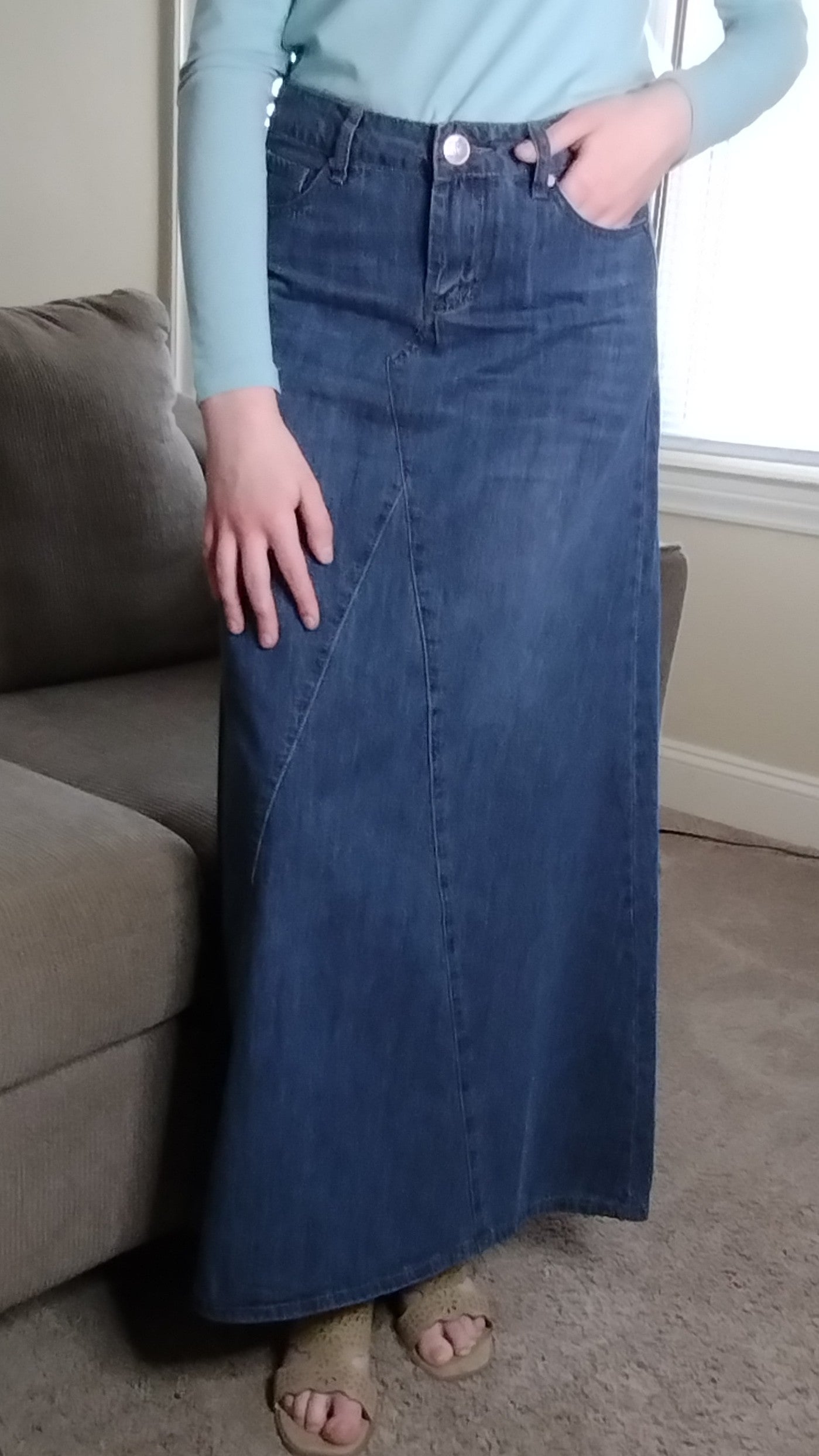 long denim skirt, modest denim skirt, dark wash denim skirt, a-line denim skirt, long skirt