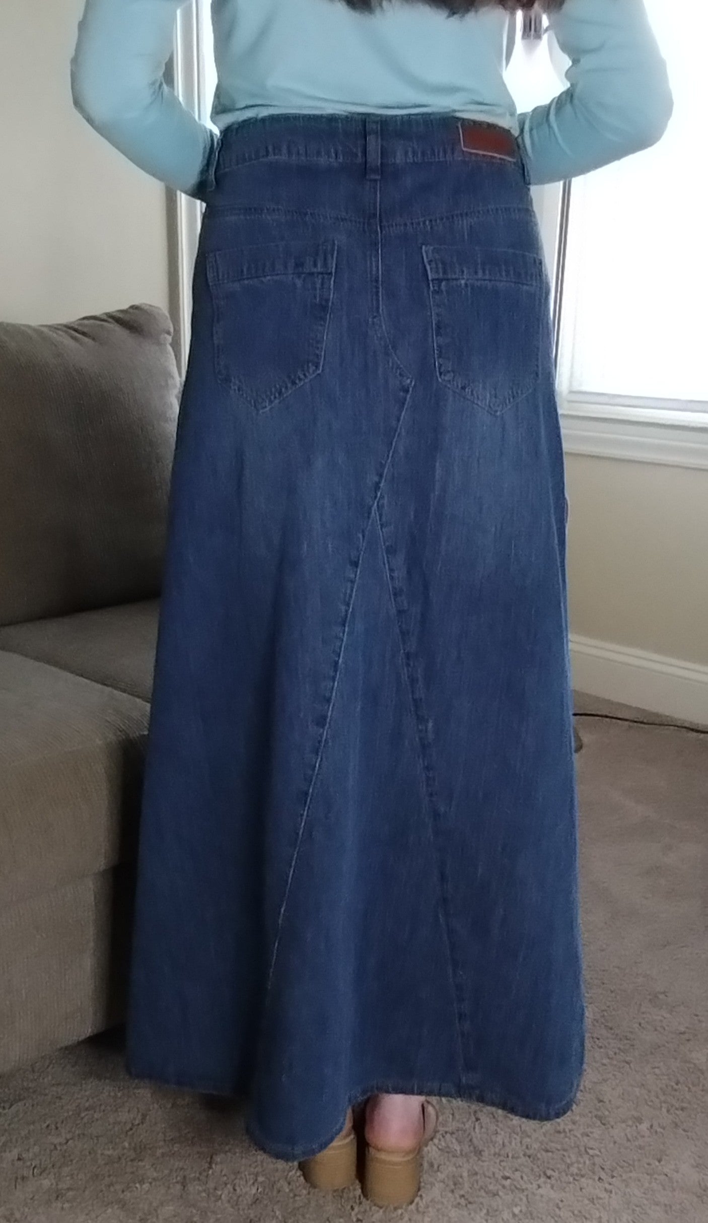 long denim skirt, modest denim skirt, dark wash denim skirt, a-line denim skirt, long skirt