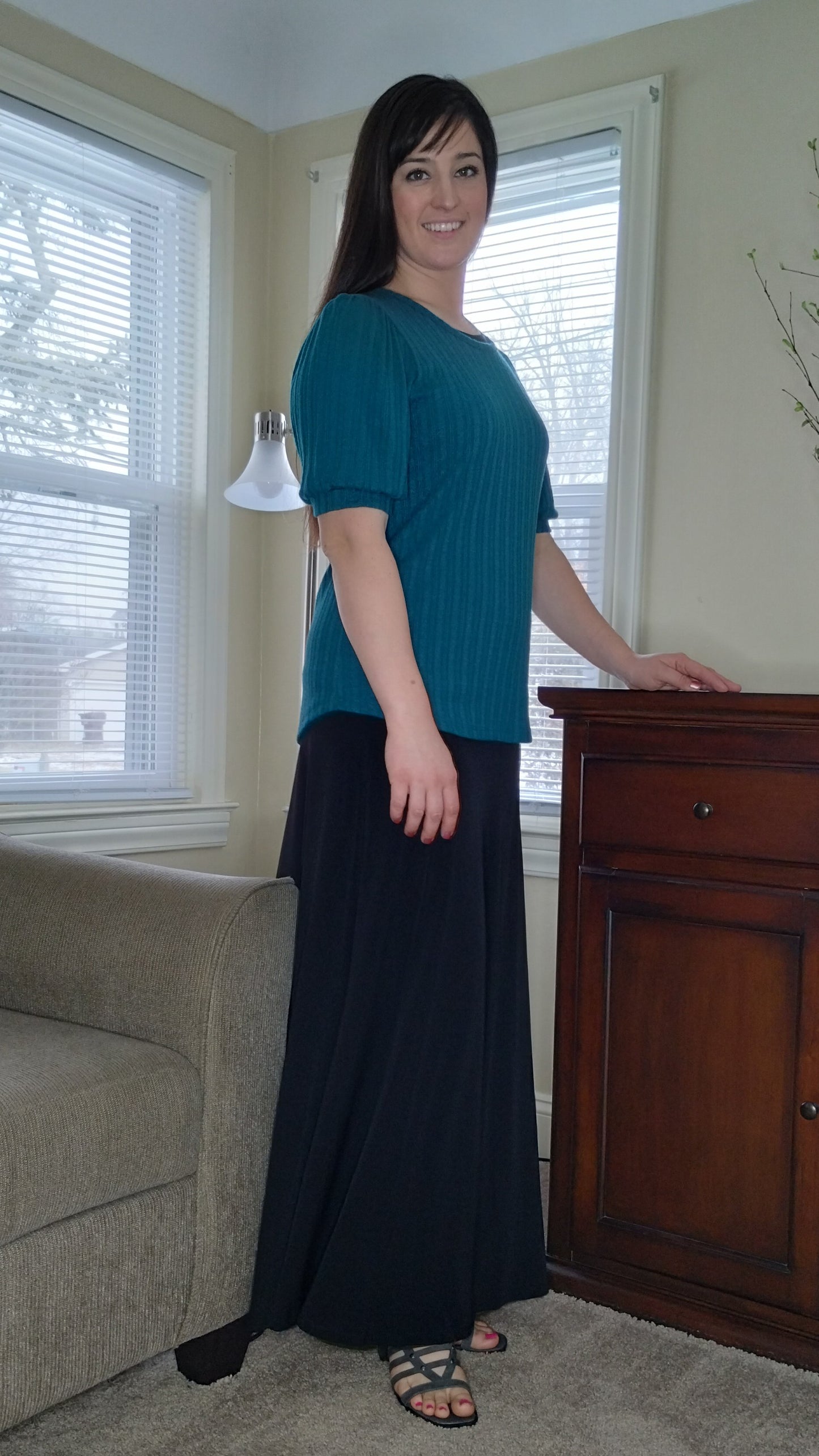 Kelly teal pointelle knit puff sleeve top, teal short sleeve top, teal pointelle shirt, teal puff sleeve top, teal top