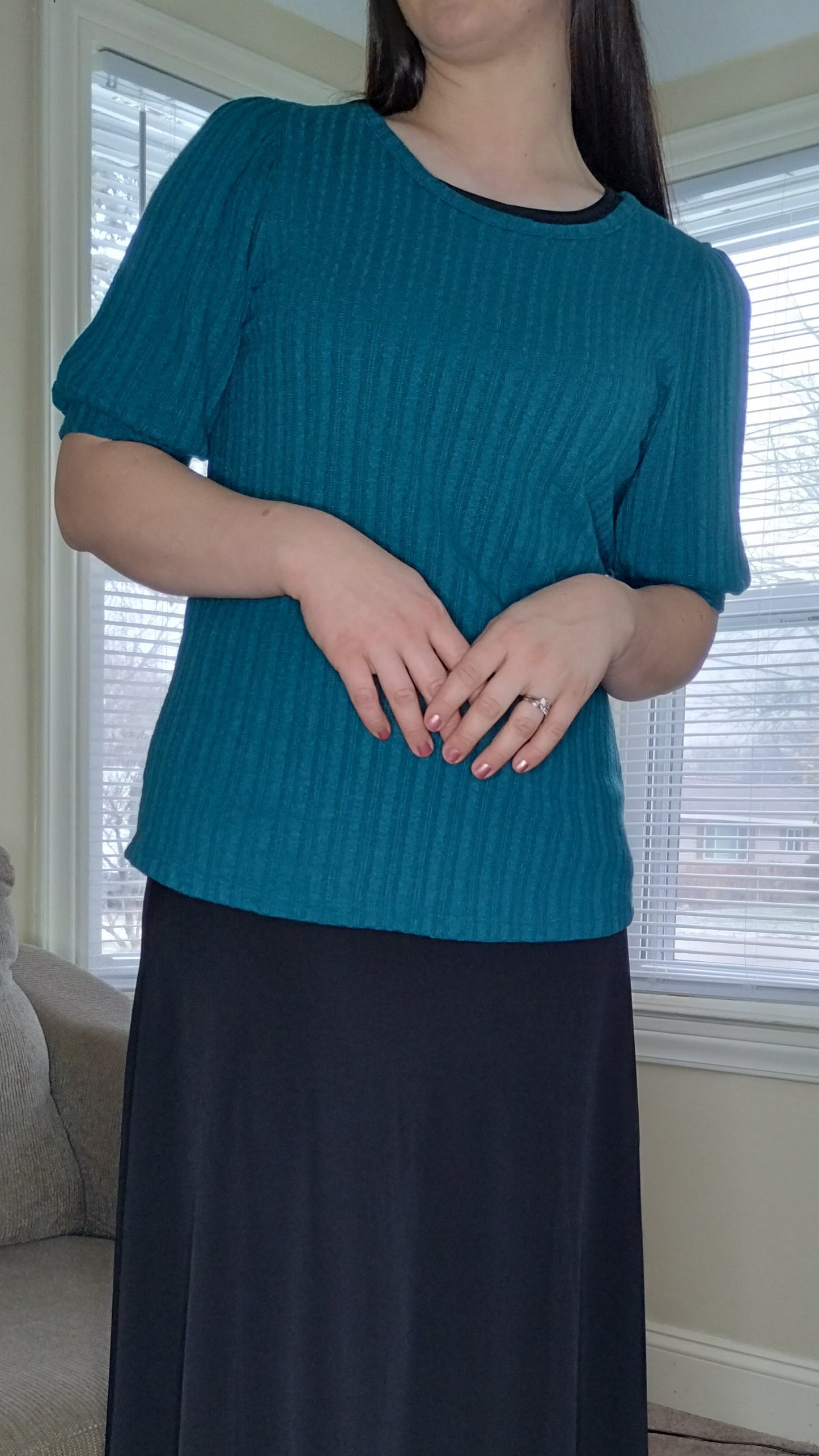 Kelly teal pointelle knit puff sleeve top, teal short sleeve top, teal pointelle shirt, teal puff sleeve top, teal top