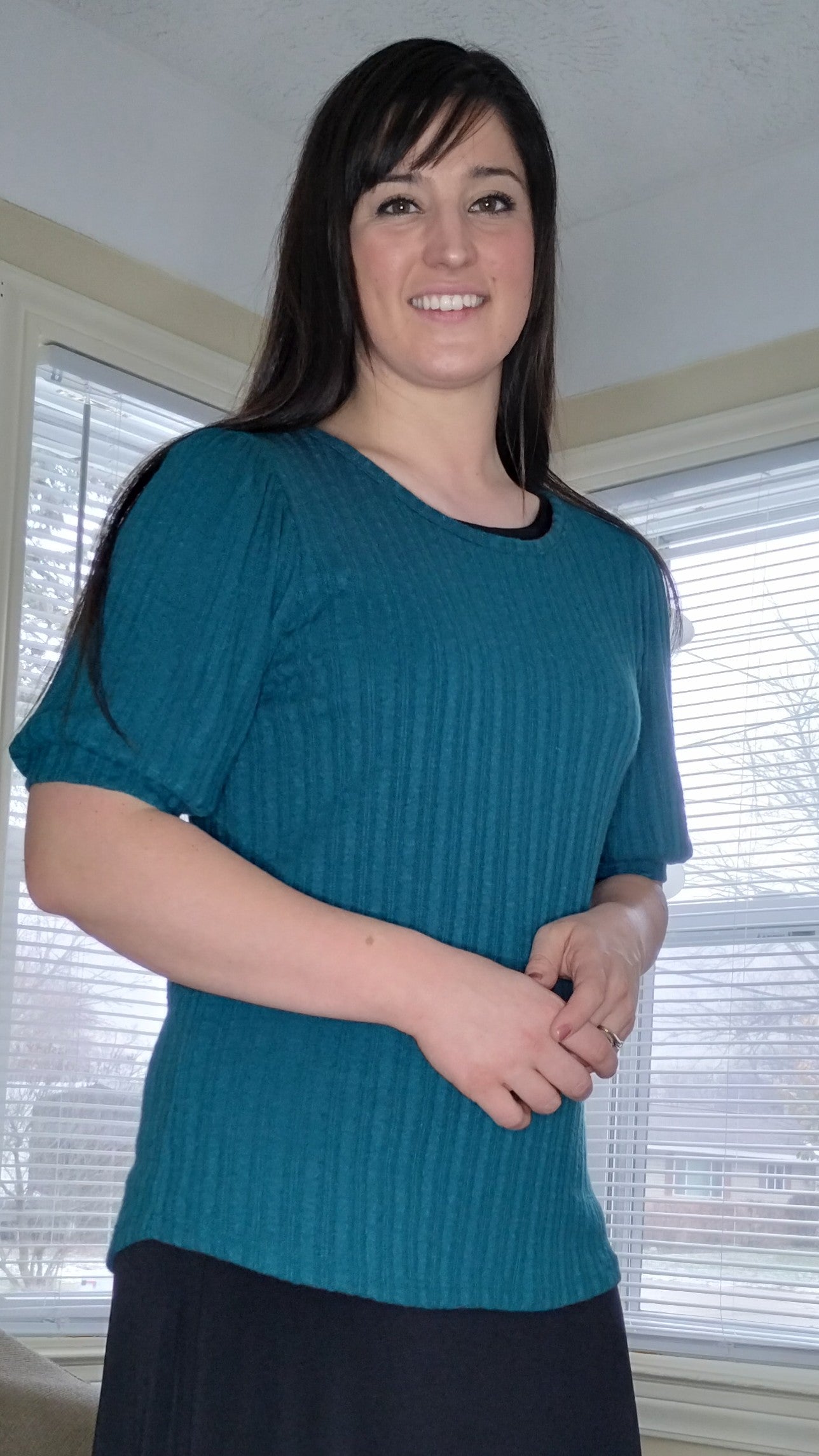 Kelly teal pointelle knit puff sleeve top, teal short sleeve top, teal pointelle shirt, teal puff sleeve top, teal top