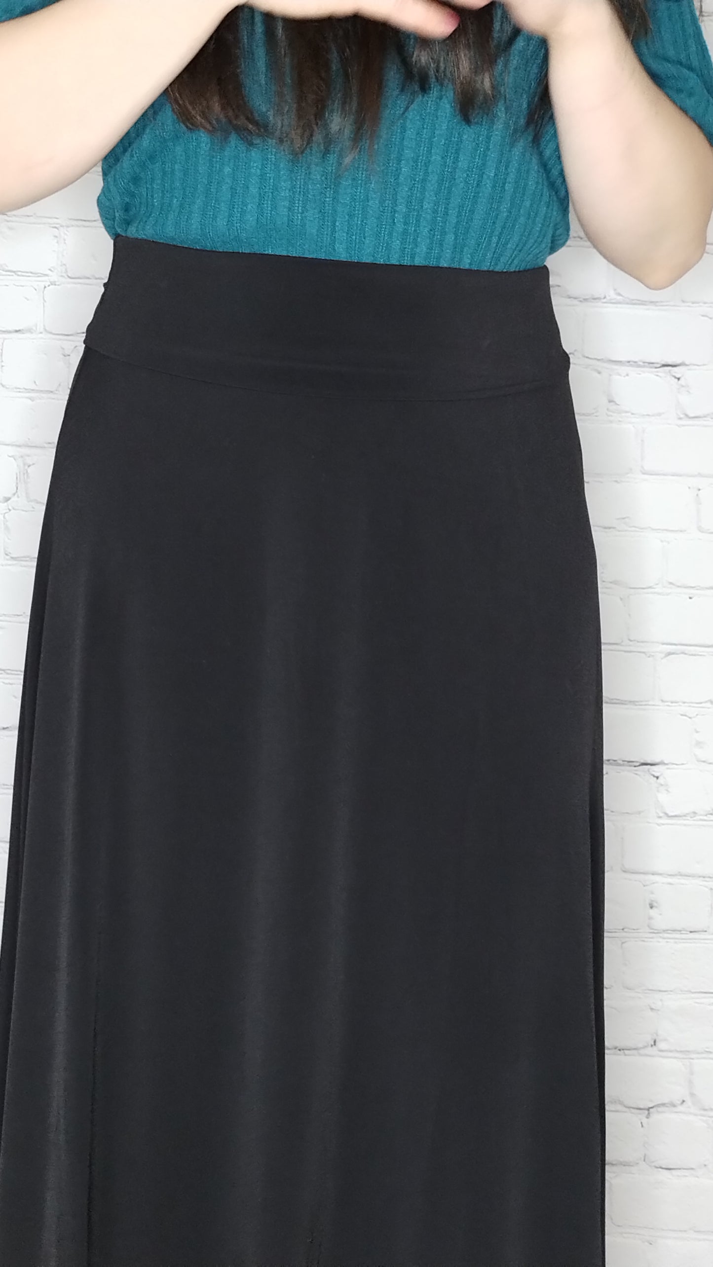 maxi knit black skirt, black skirt, melody black skirt, knit maxi skirt, long black skirt, modest knit skirt, fold over waistband, dressy black skirt