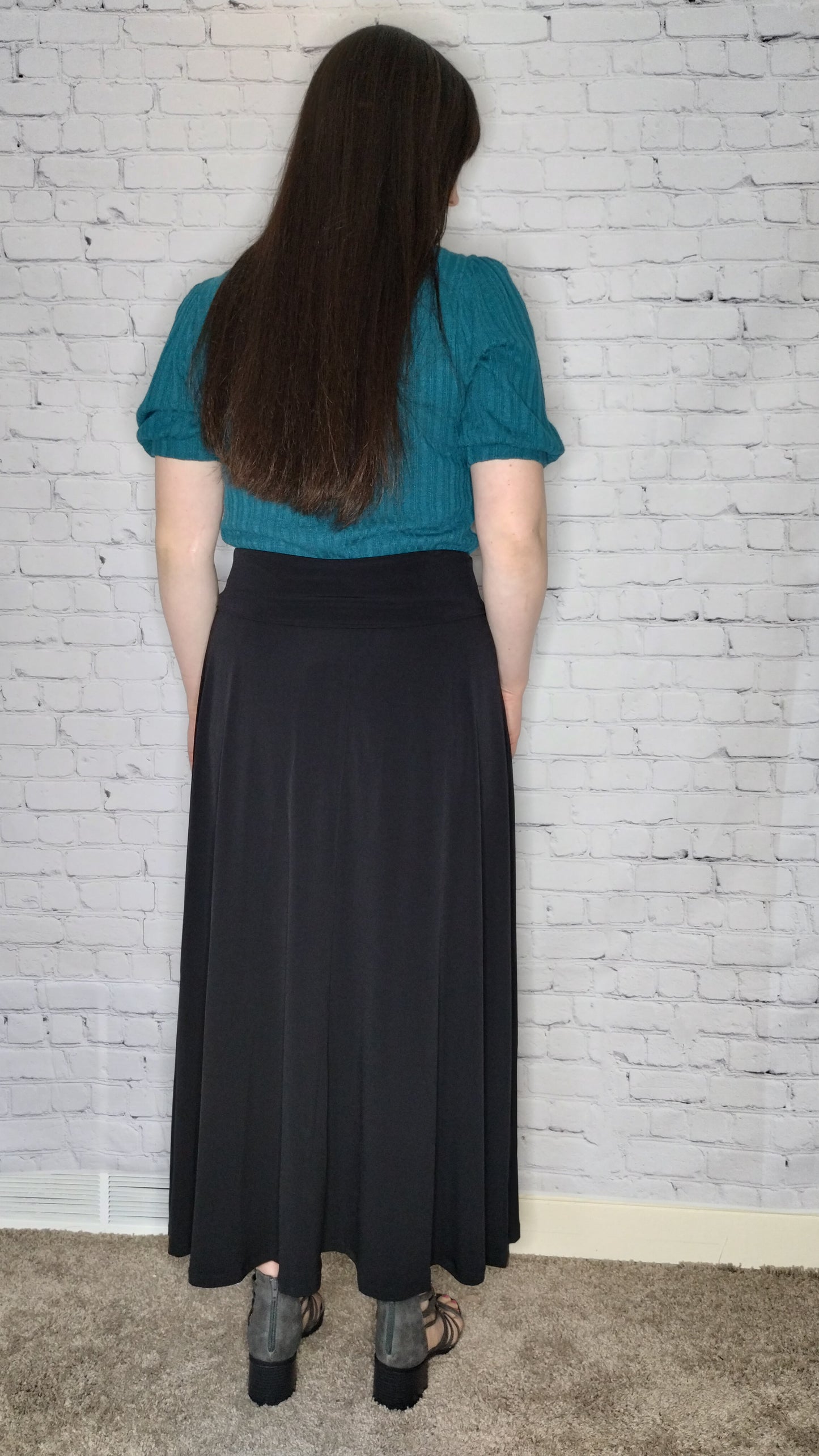 maxi knit black skirt, black skirt, melody black skirt, knit maxi skirt, long black skirt, modest knit skirt, fold over waistband, dressy black skirt