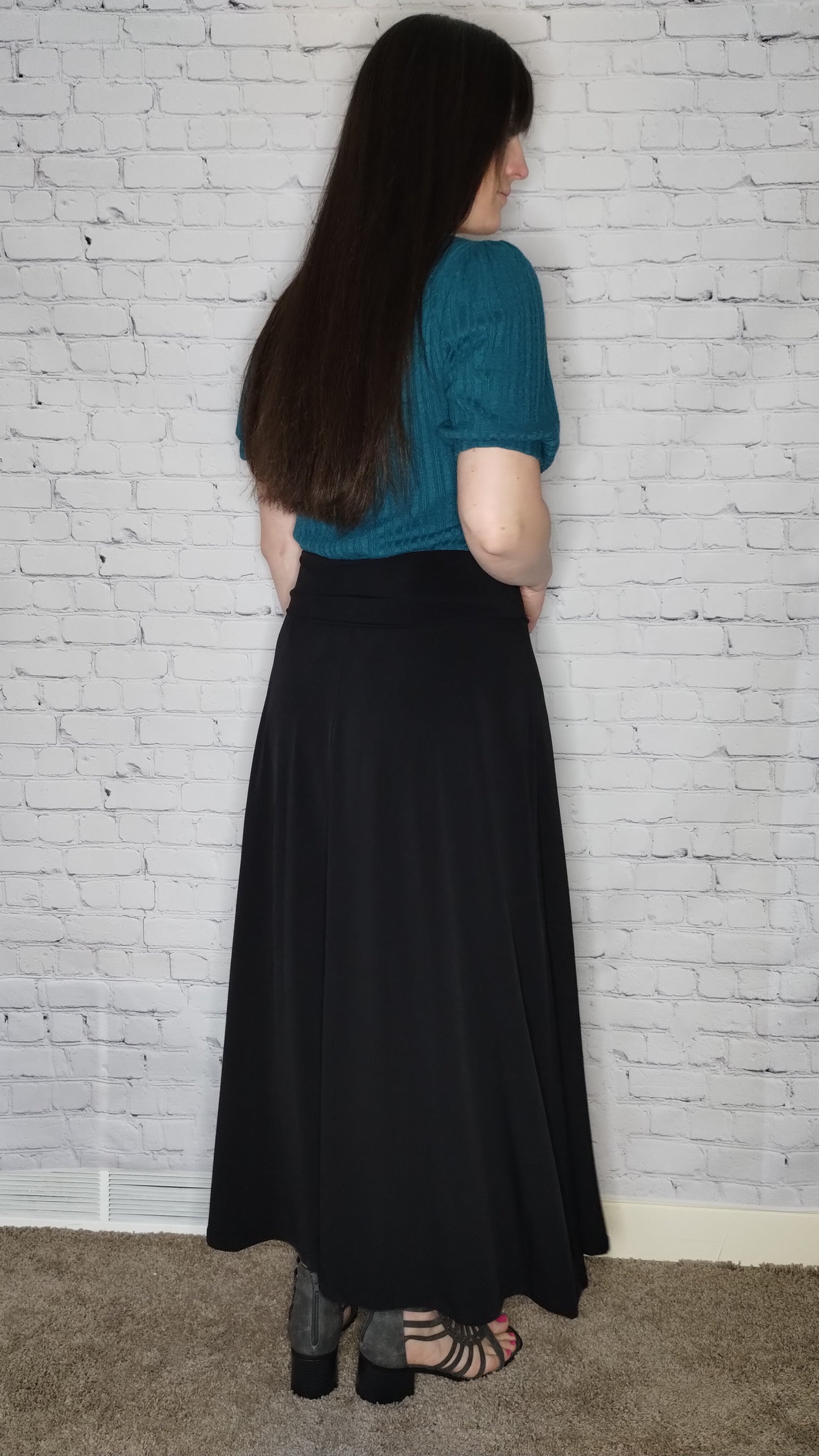 maxi knit black skirt, black skirt, melody black skirt, knit maxi skirt, long black skirt, modest knit skirt, fold over waistband, dressy black skirt