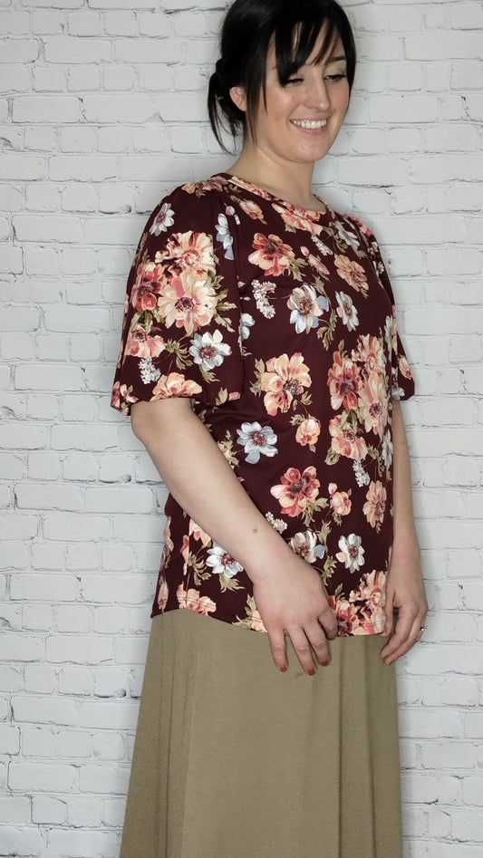 modest top, floral top, short sleeve top, burgundy top, bubble sleeve top, knit jersey top