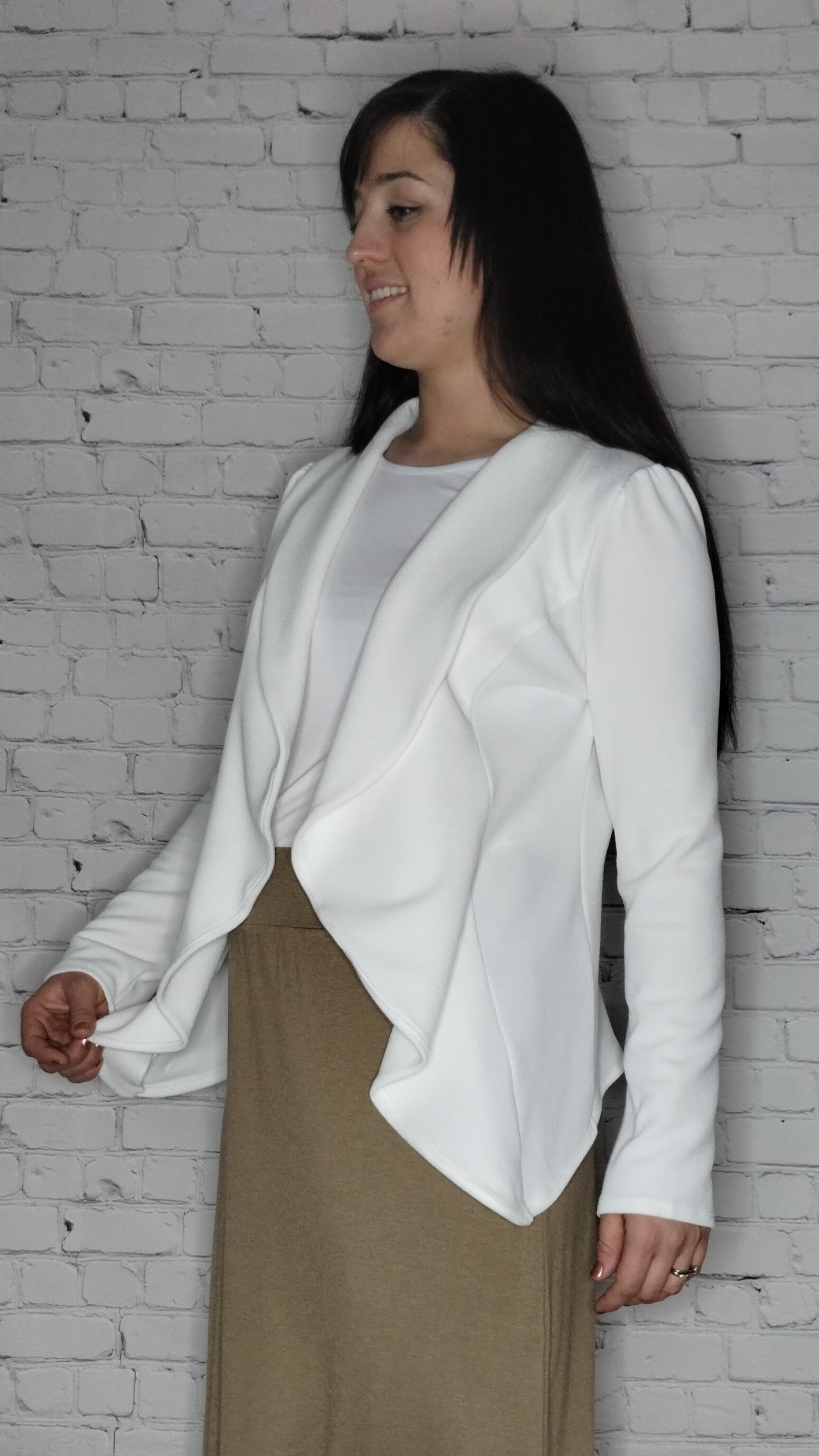 Solid Open Blazer Career Jacket - Ivory White Polyester Spandex