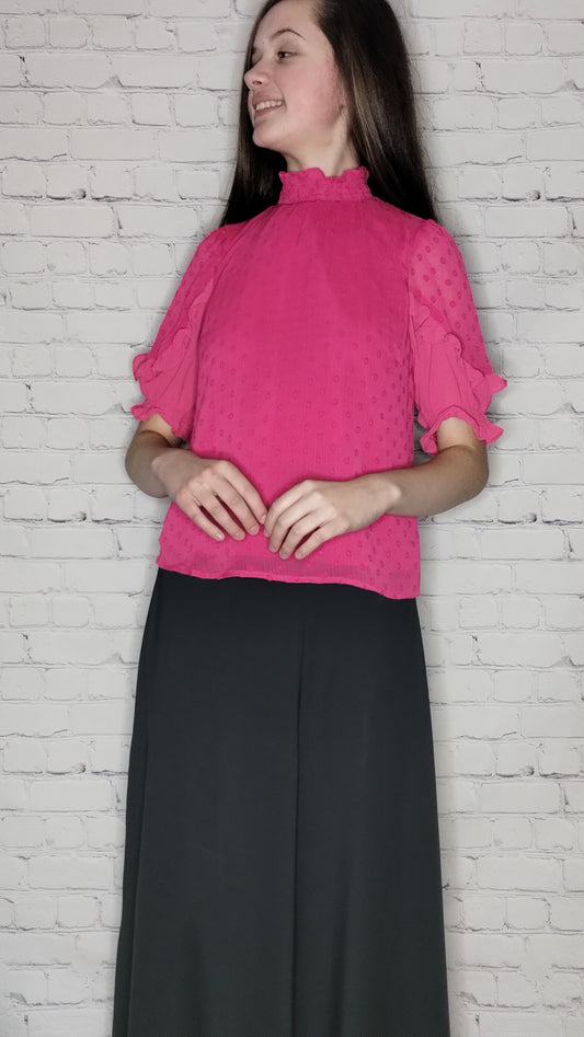 Short Sleeves Swiss Dot Mock Neck Top Fushia