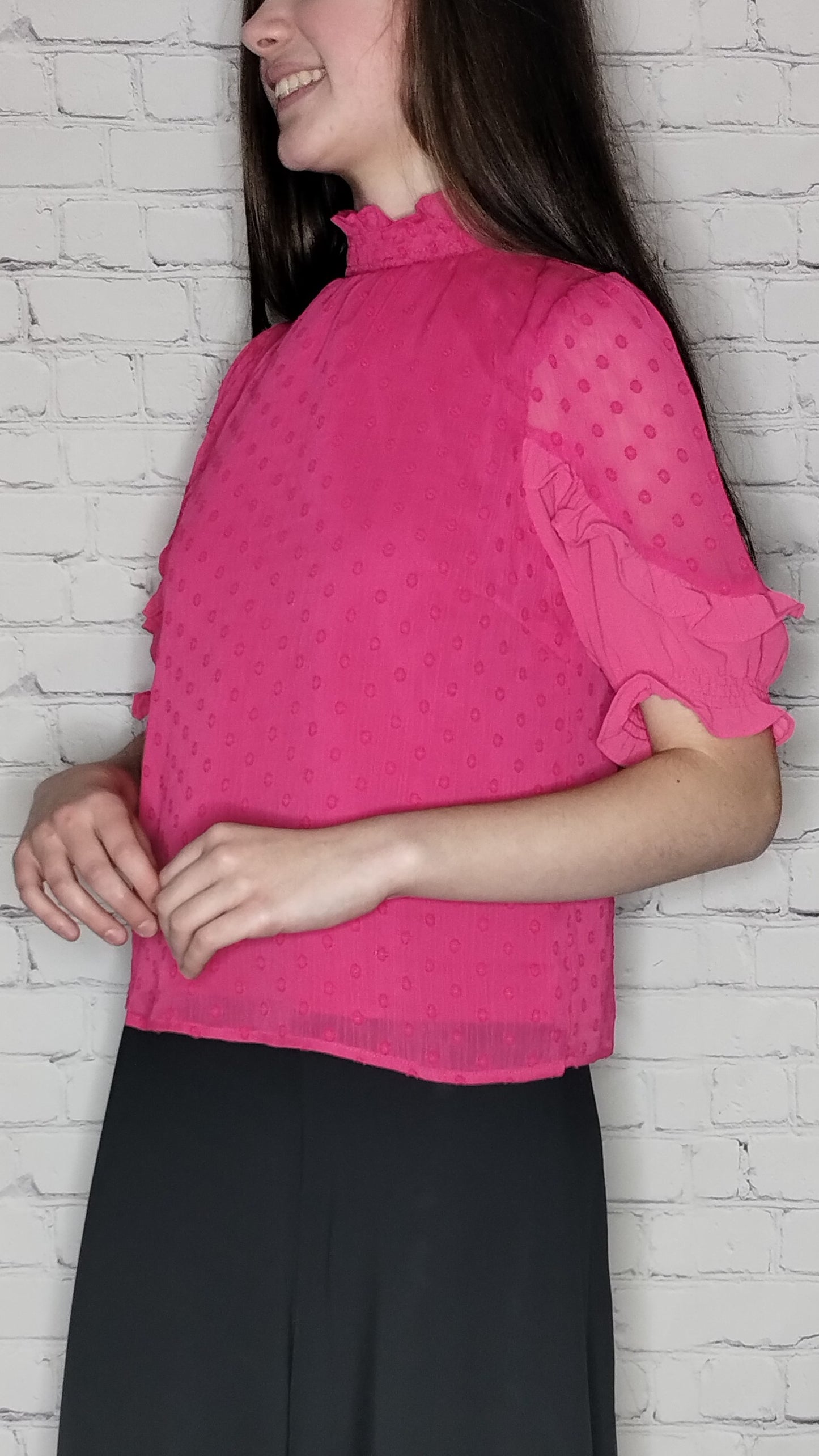 Short Sleeves Swiss Dot Mock Neck Top Fushia