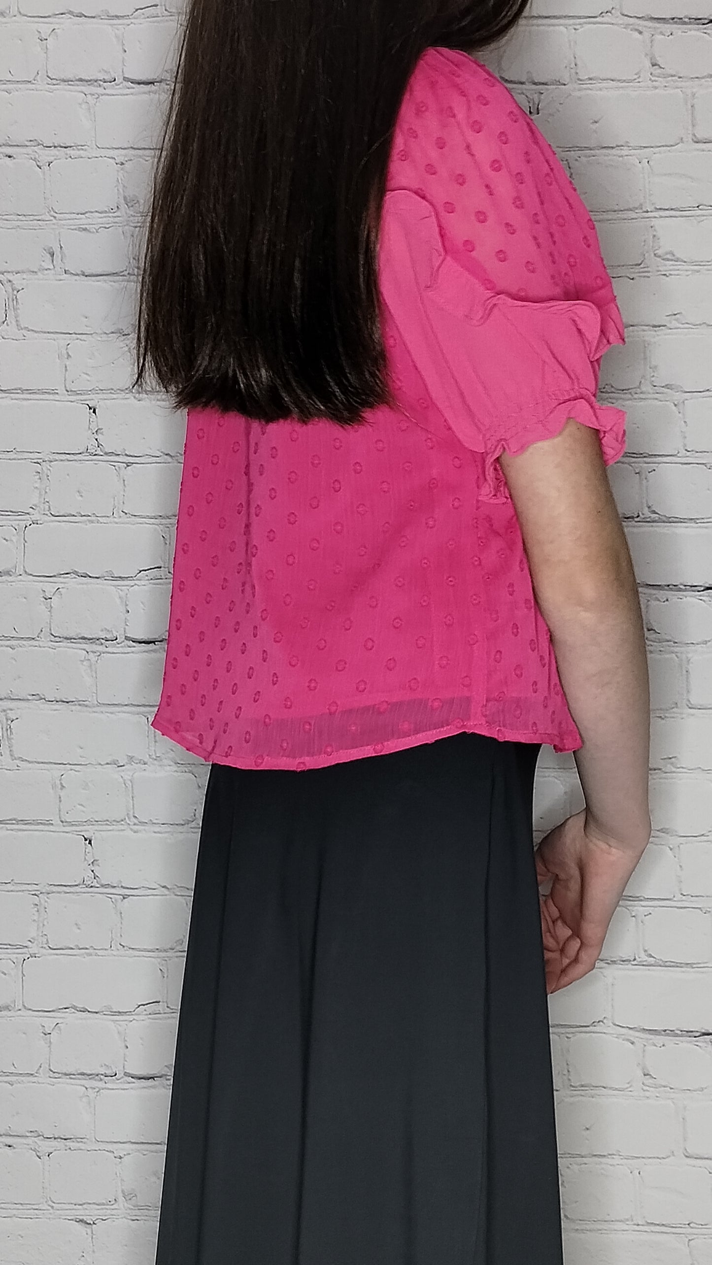 Short Sleeves Swiss Dot Mock Neck Top Fushia