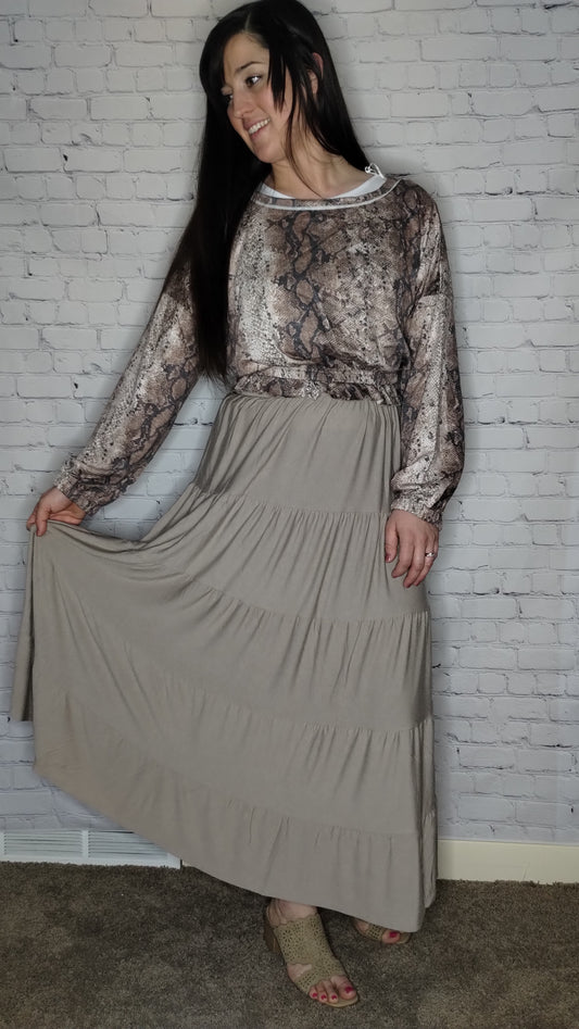 Tiered Ruffle Elastic Waist Maxi Skirt Mocha beige polyester rayon spandex 35" long