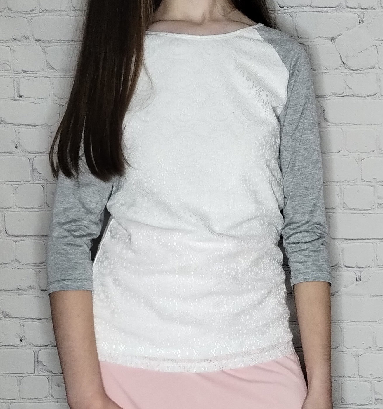 modest top, 3/4 sleeve top, heather gray and white top, lace top