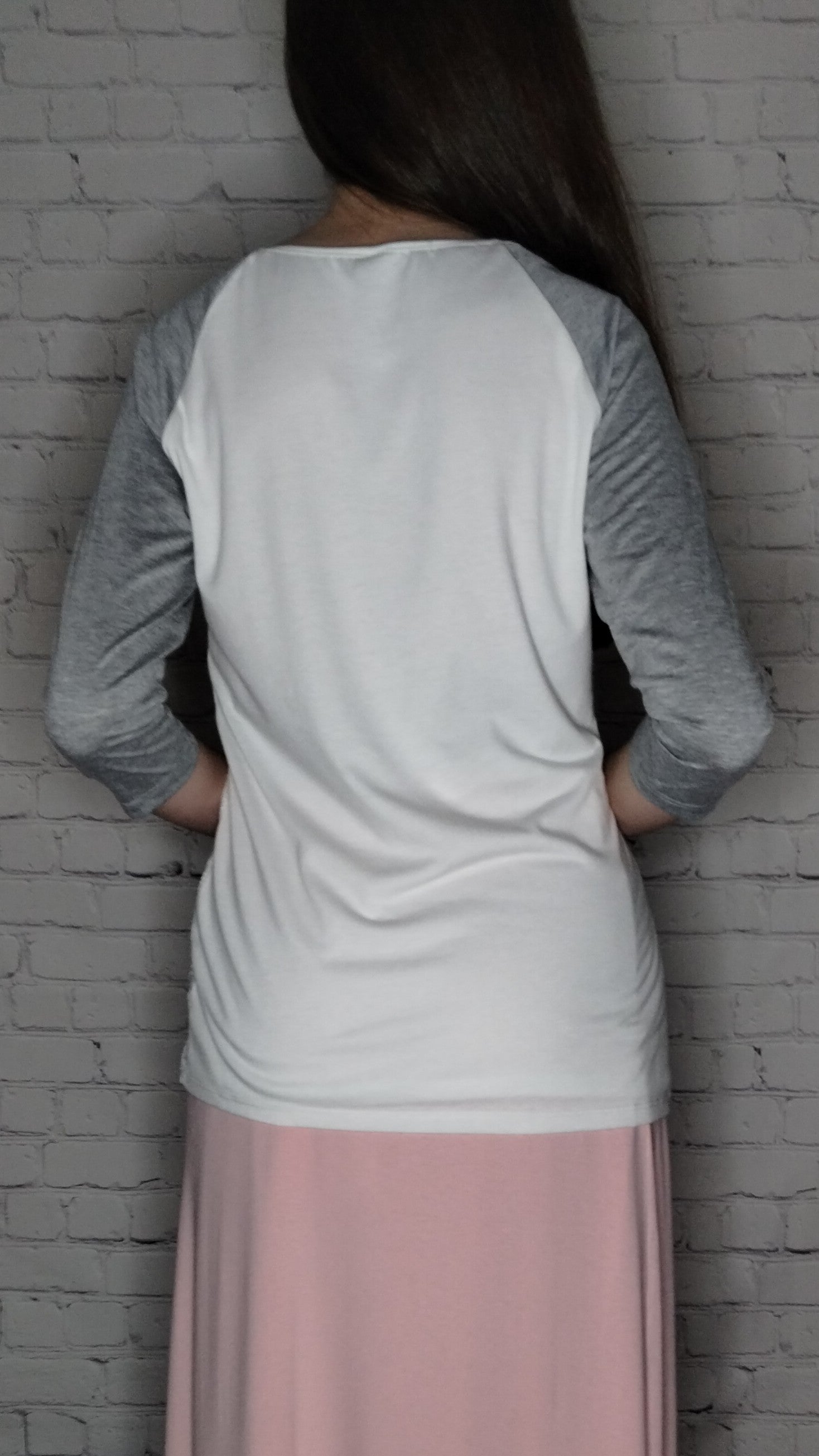 modest top, 3/4 sleeve top, heather gray and white top, lace top