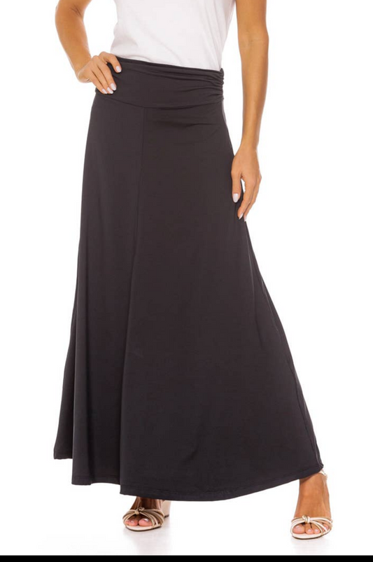 women's maxi stretch long black skirt ruched waistband non-wrinkle 