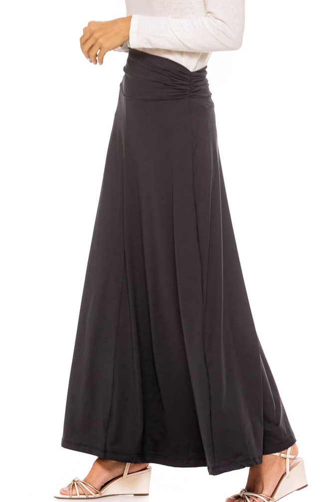 women's maxi stretch long black skirt ruched waistband non-wrinkle