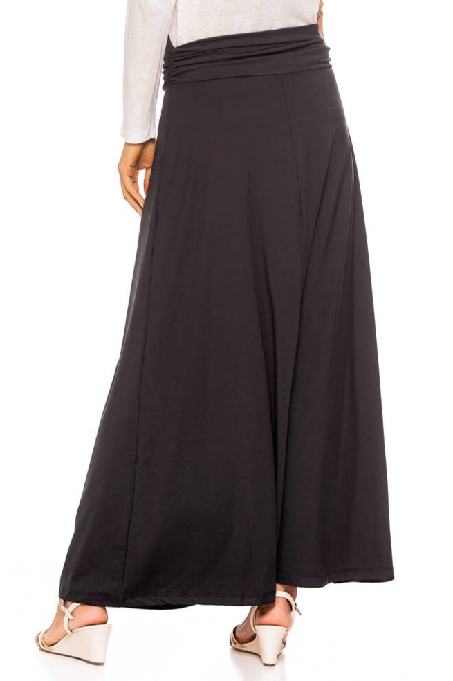 women's maxi stretch long black skirt ruched waistband non-wrinkle