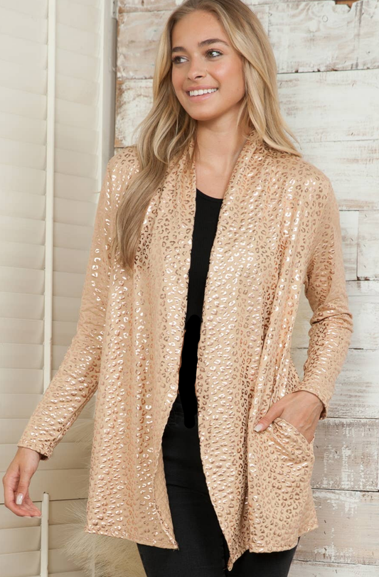 leopard long sleeve cardigan tan gold 