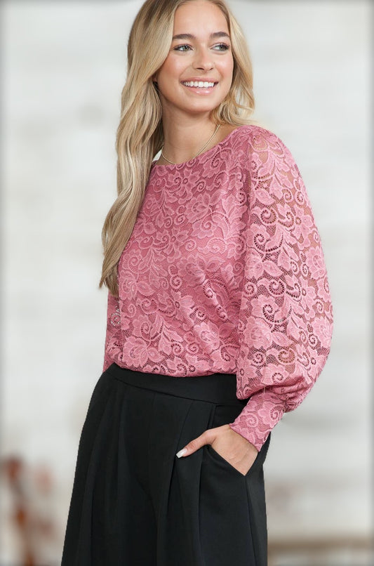 mauve lace blouse, mauve blouse, long sleeve blouse, lace blouse, dress blouse, modest blouse