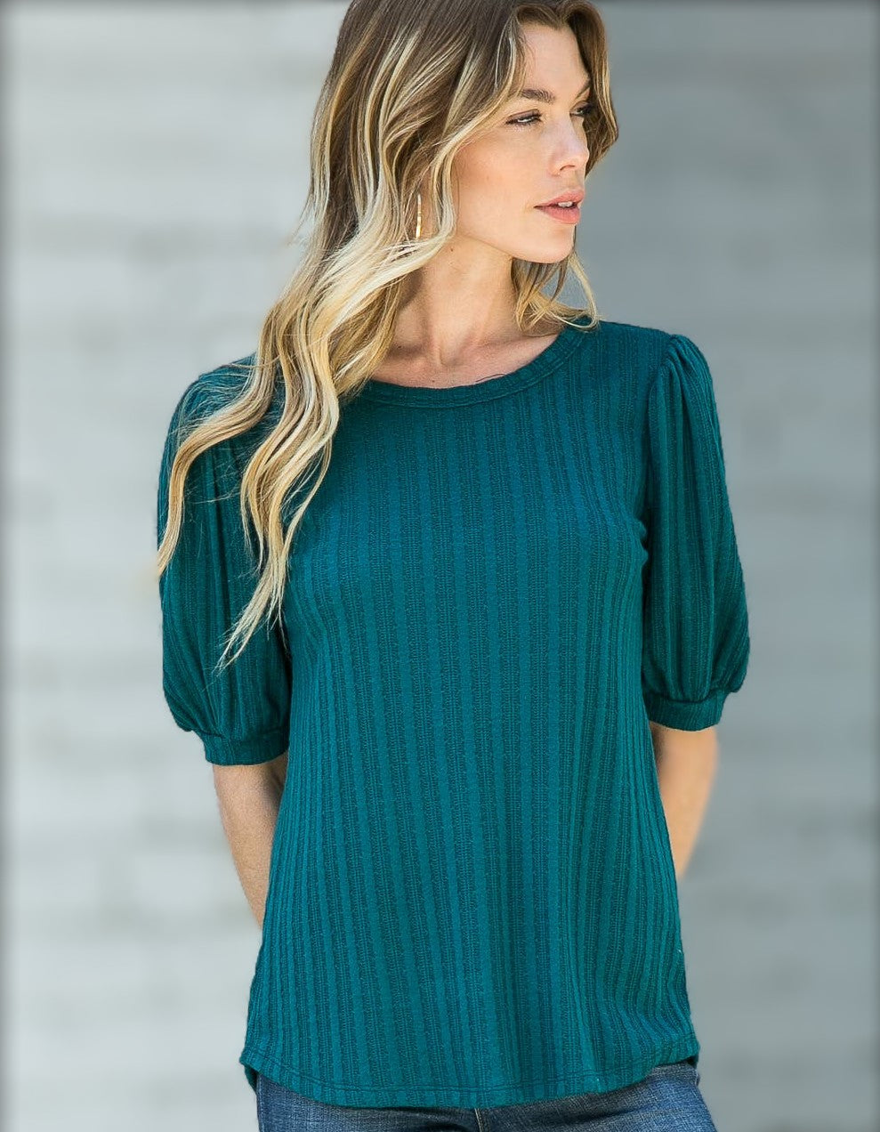 Kelly teal pointelle knit puff sleeve top, teal short sleeve top, teal pointelle shirt, teal puff sleeve top, teal top