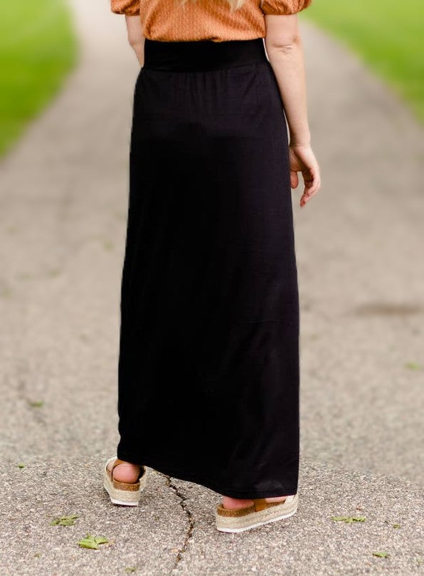 black maxi skirt, long black skirt, black knit skirt, Clarise black skirt, black knit maxi skirt, premium knit skirt, lined skirt, lined maxi skirt, lined black skirt