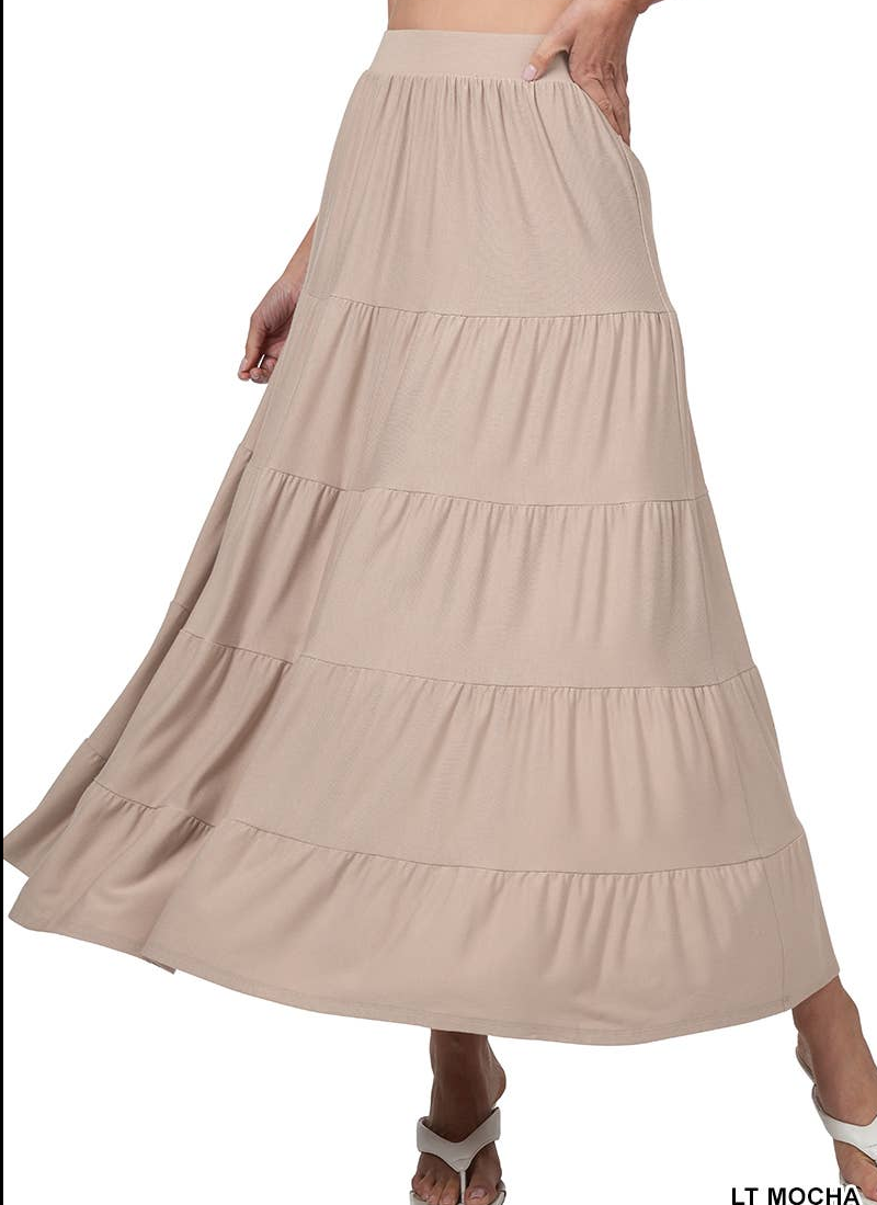 Tiered Ruffle Elastic Waist Maxi Skirt Mocha beige polyester rayon spandex 35" long