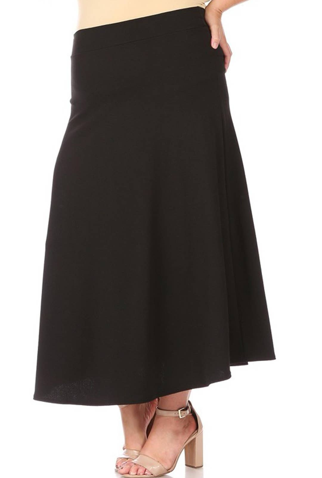 women's a-line midi elastic waist black skirt polyester plus size