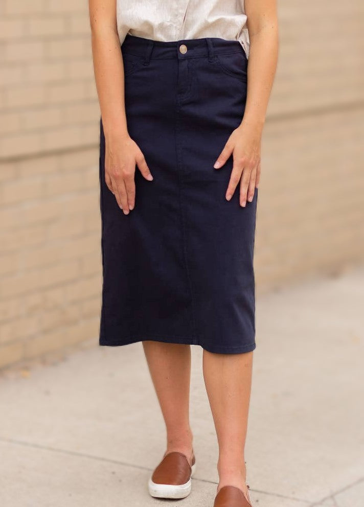 modest navy night denim midi skirt women's