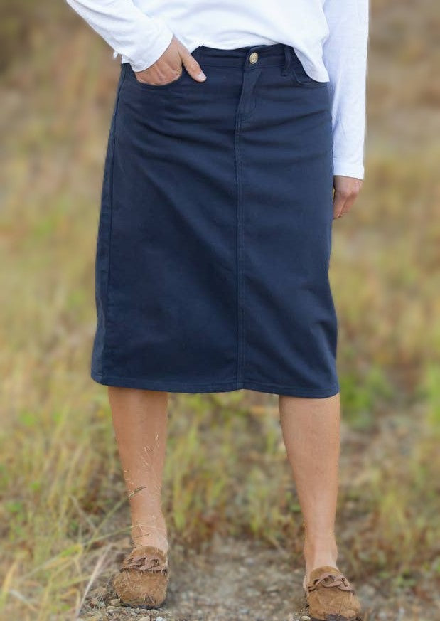 modest navy night denim midi skirt women's