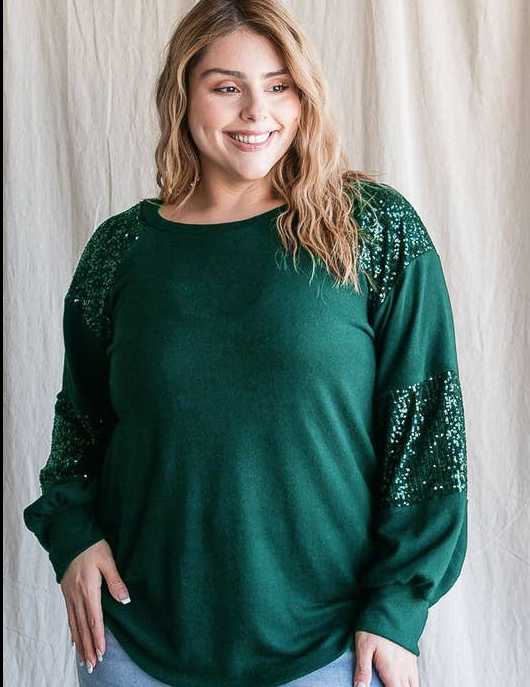 Sequin Contrast Bishop Sleeve Top Hunter Green PLUS