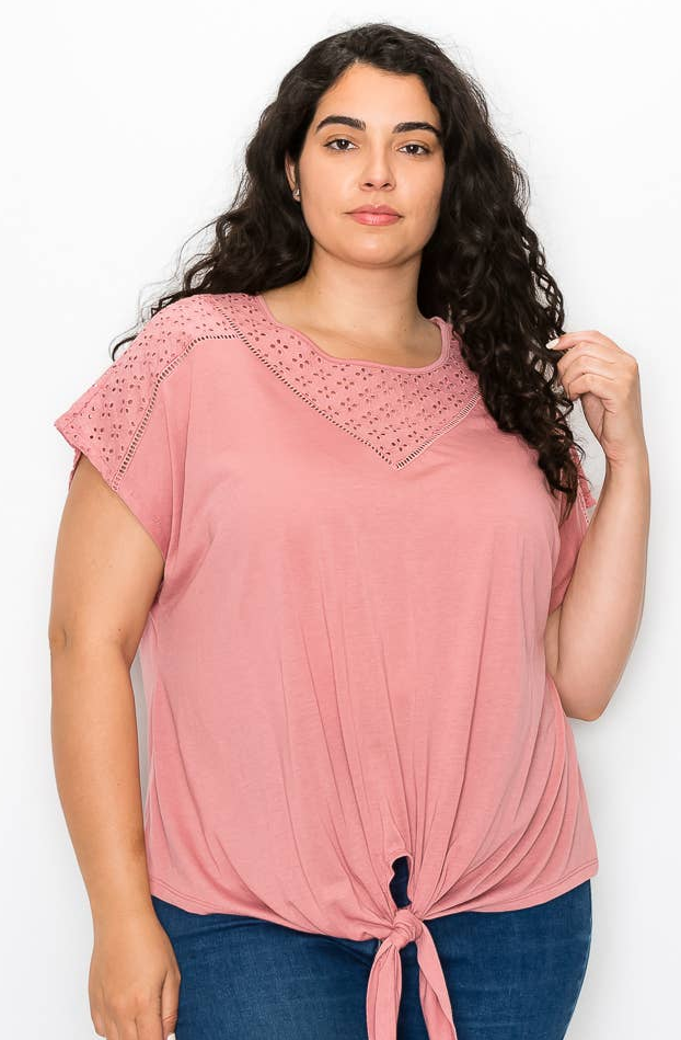 eyelet yoke tie front top,  short sleeve casual blouse, blush top, blush blouse, 