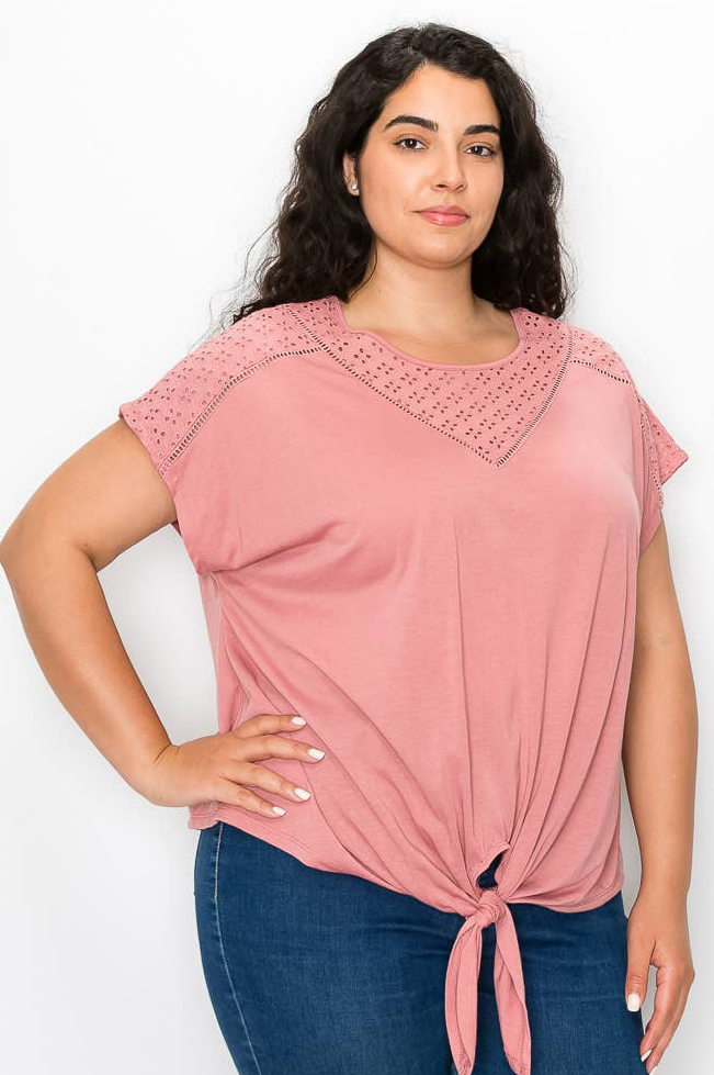 eyelet yoke tie front top,  short sleeve casual blouse, blush top, blush blouse, 