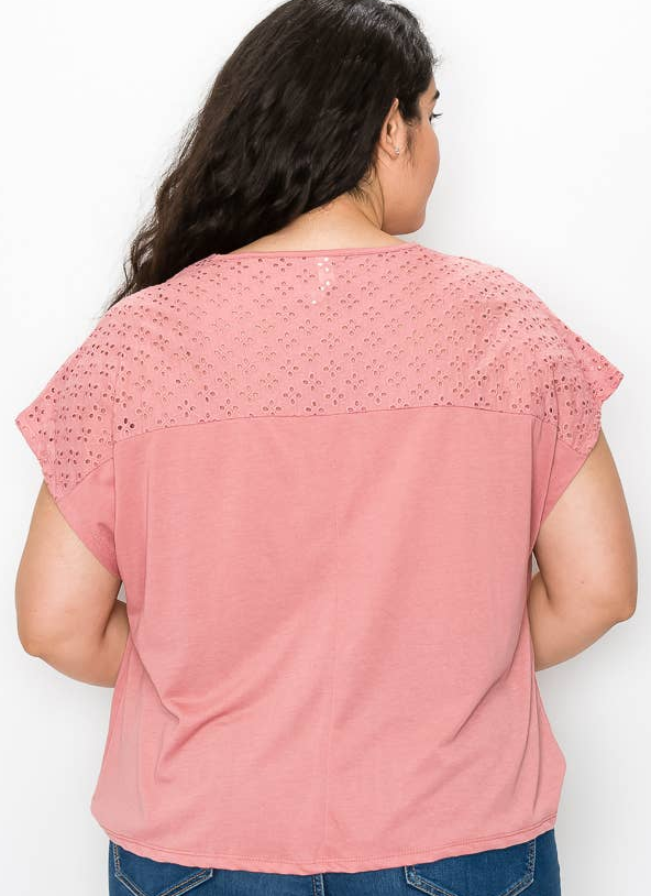 eyelet yoke tie front top,  short sleeve casual blouse, blush top, blush blouse, 