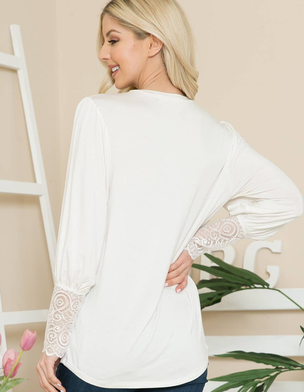 lace sleeve off white top, rayon spandex off white top, long sleeve off white blouse, modest blouse