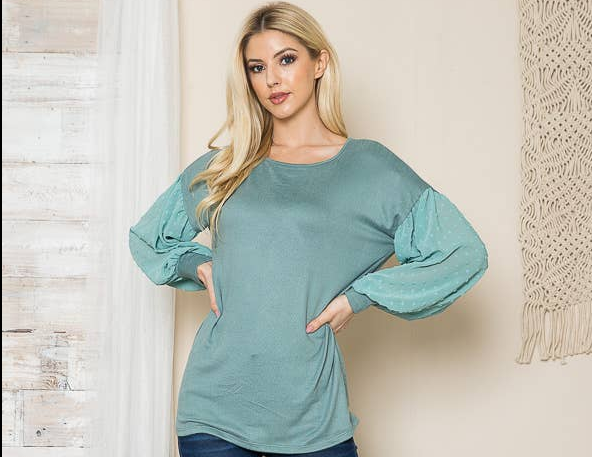 Textured Bubble Long Sleeve Knit Top-2 Colors Sage Combo Sweater Blouse Rayon Polyester Elastane