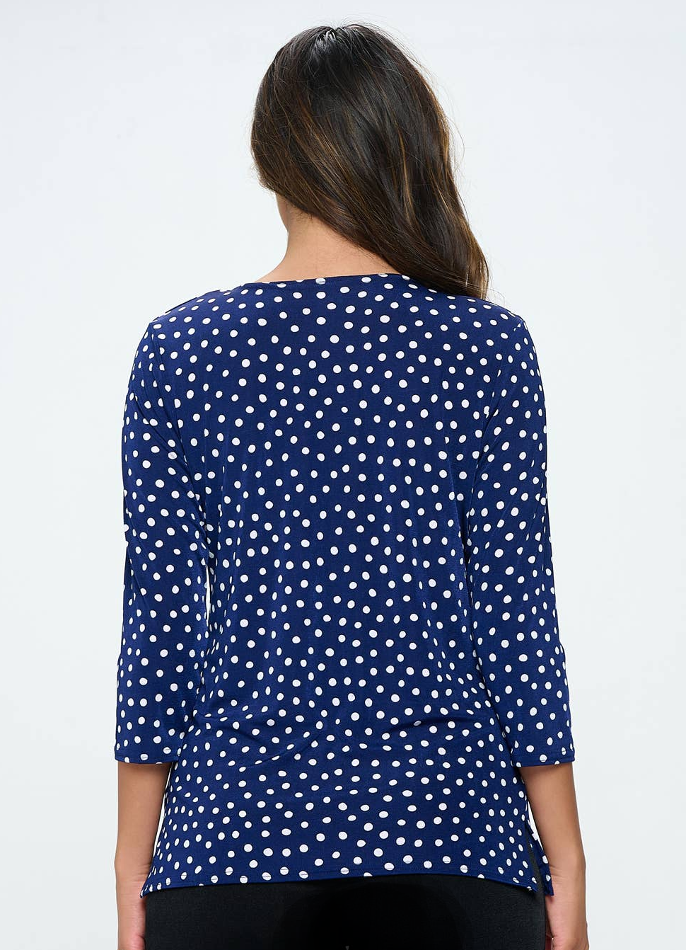 Quarter Sleeve Round Neck Top, Navy & White