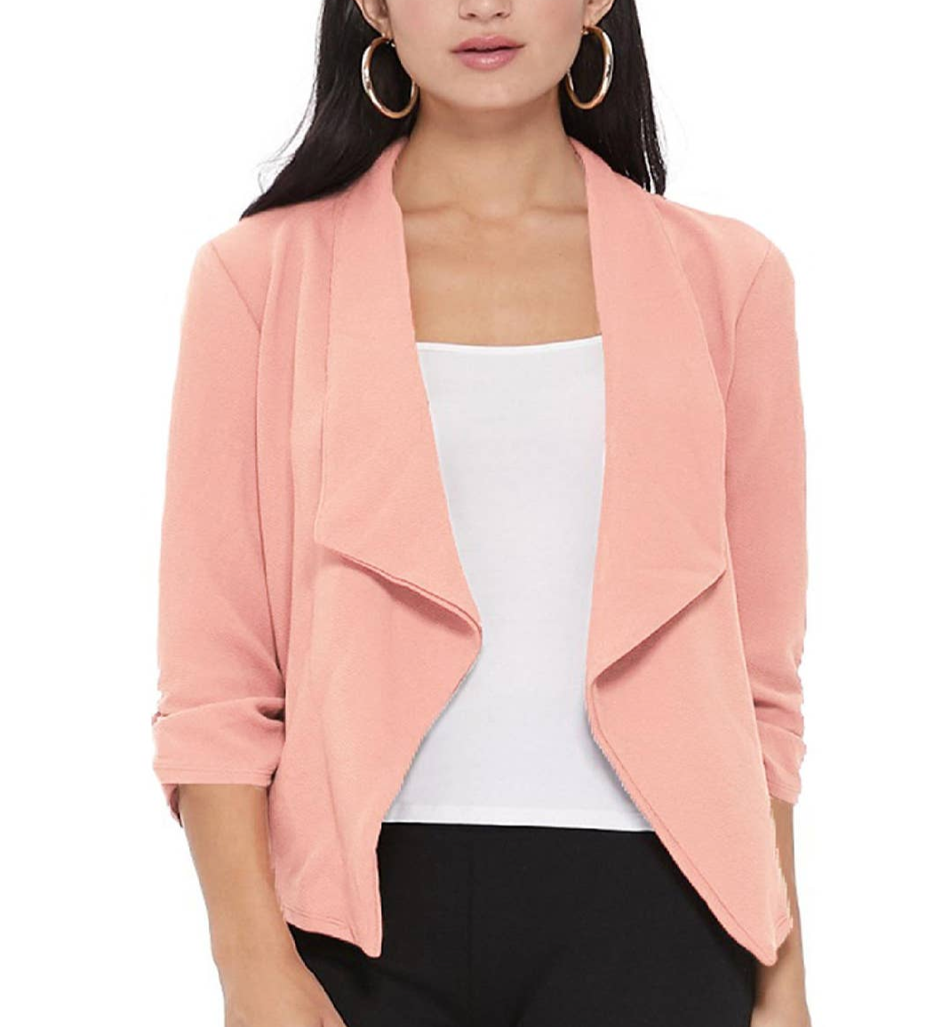 casual open front slim fit draped solid blazer jacket dusty pink women's modest 