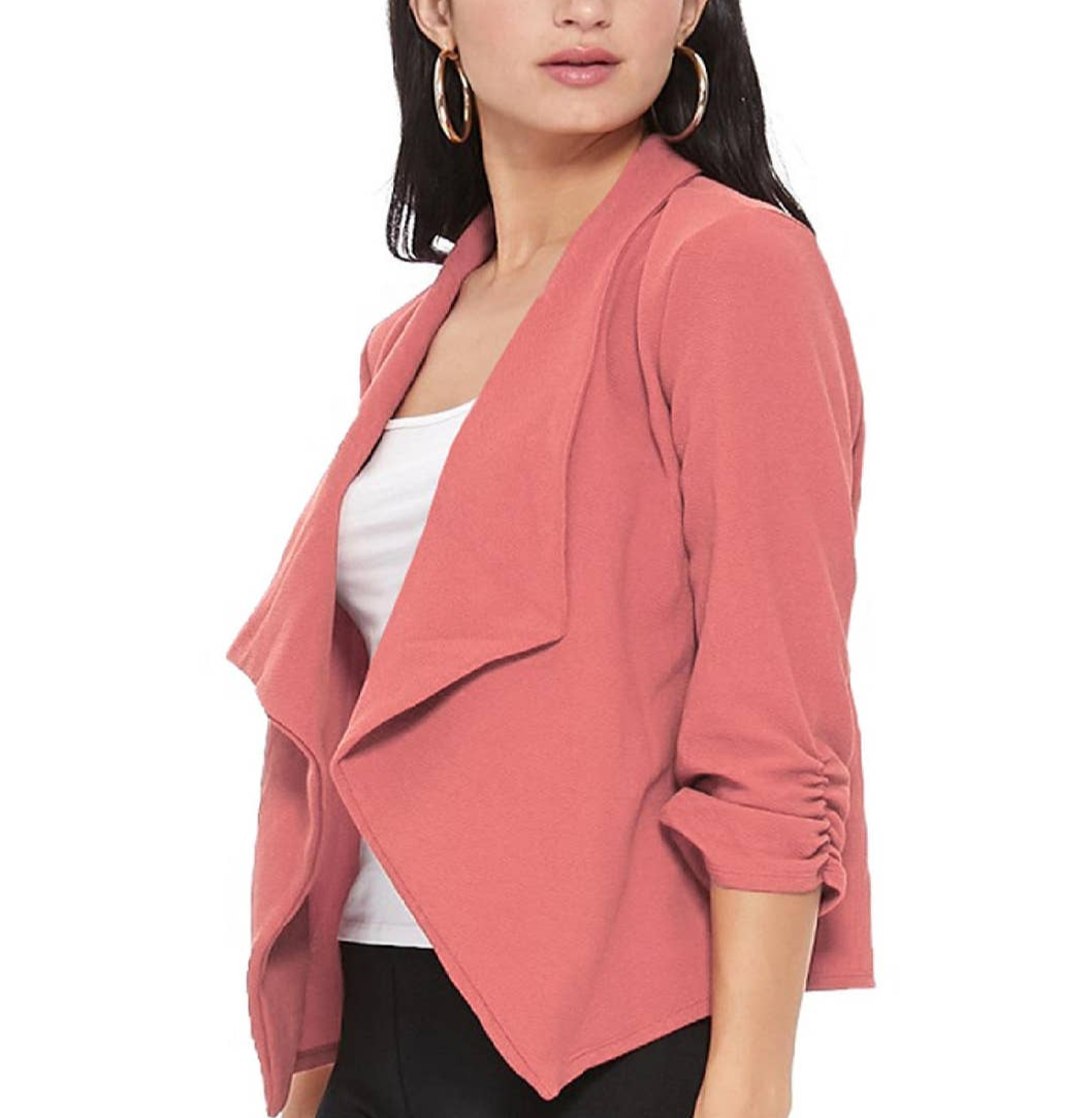 casual open front slim fit draped solid blazer jacket dusty pink women's modest