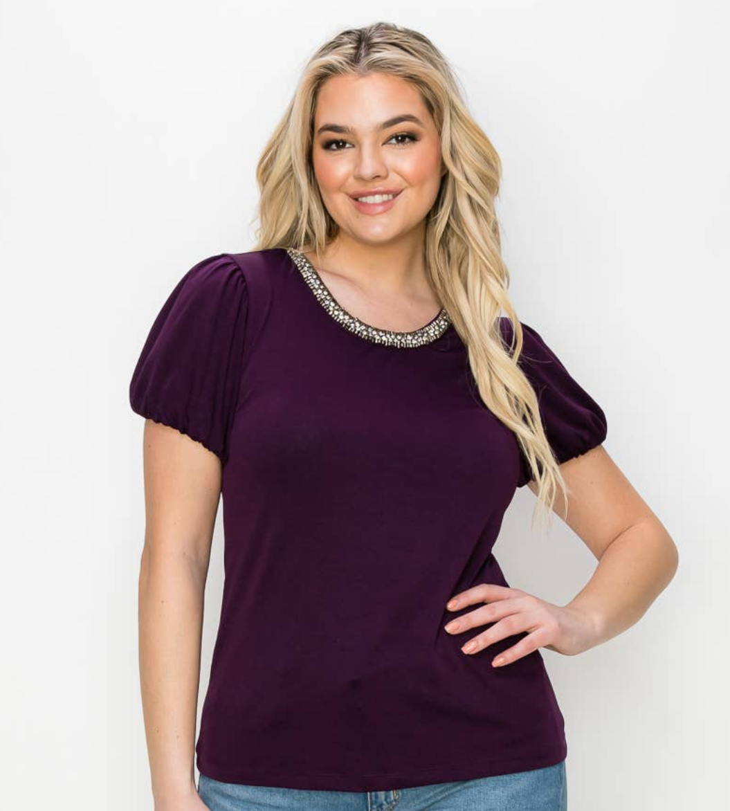 plum blouse, plum top, modest top, modest short sleeve top, modest embellished top, rhinestones neckline, modest plum top, modest puff sleeve top